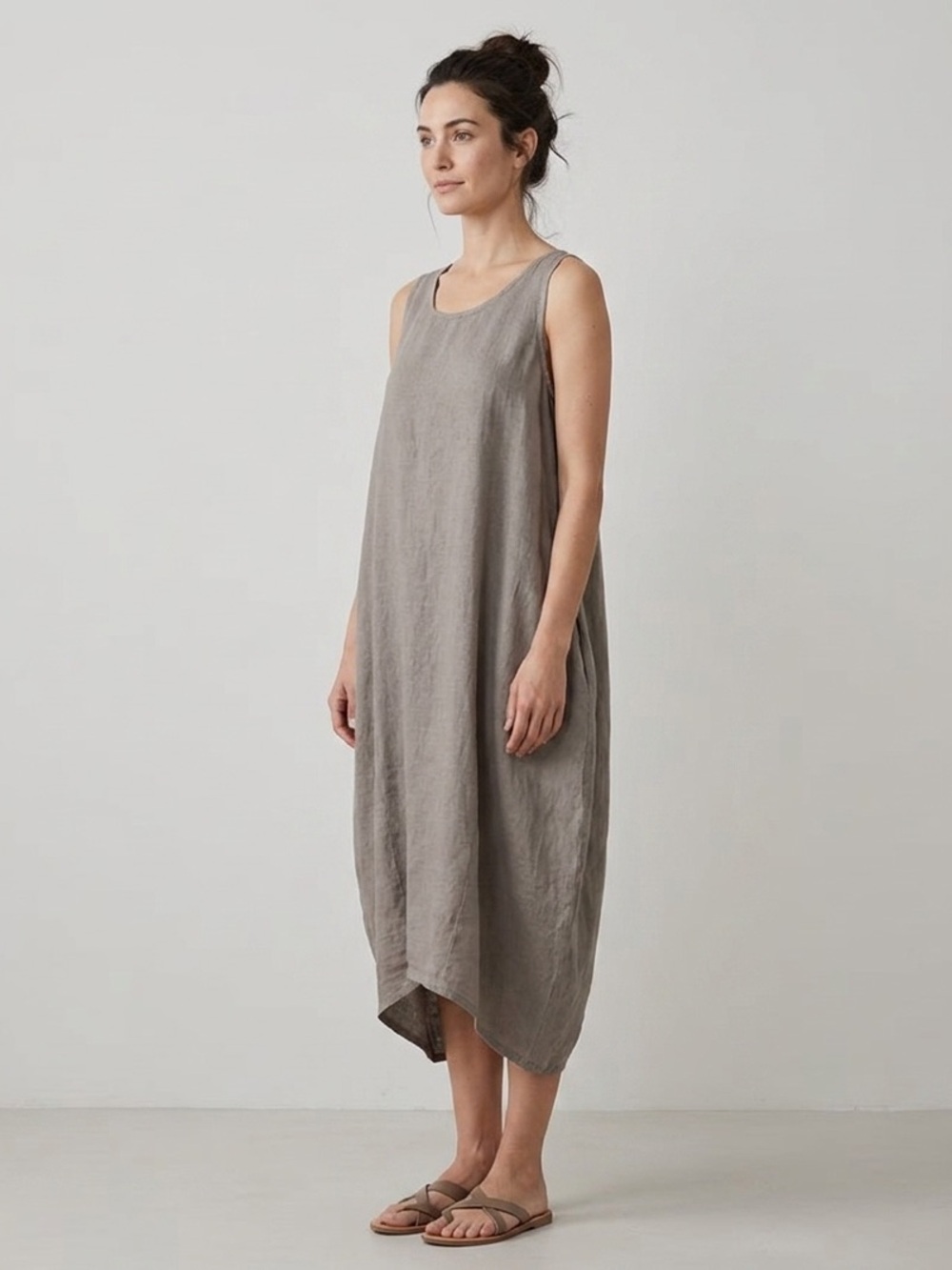Skinny Tees Tan Linen Sleeveless Lagenlook Balloon Midi Dress OSFM Pockets